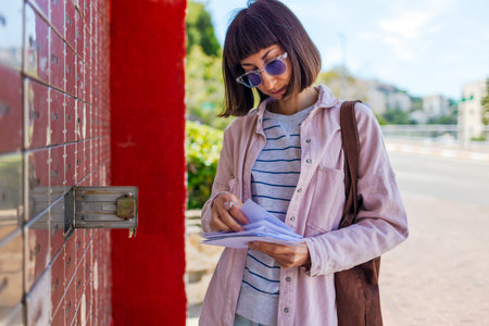 A girl stands near a mailbox on the street and looks through envelopes. Mail recipient. A girl with...
