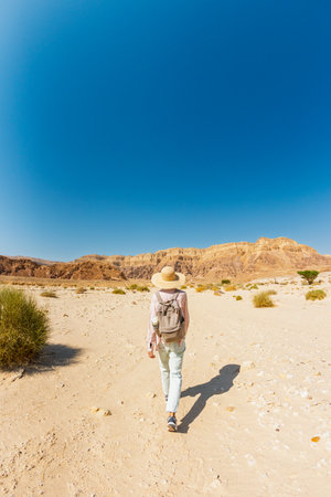 The stunning natural beauty of Timna National Park. A female hiker with a backpack walks through the desert, enjoying the view of the red rocks and canyon gorges.の写真素材
