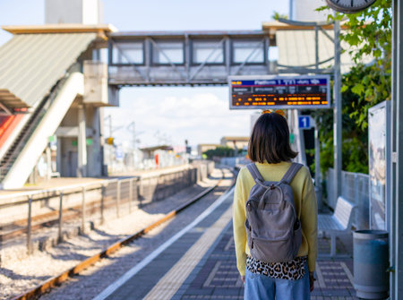 Train passenger. Stylish young woman looks around and waits for the train on the platform. Travel by...