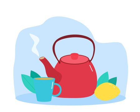 tea in a cup with teapot and lemonのイラスト素材