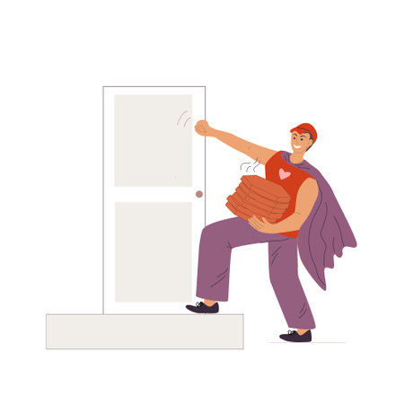 a superhero pizza delivery man knocks on the doorのイラスト素材