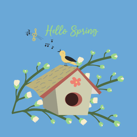 card of bird and her house with blossom treeのイラスト素材