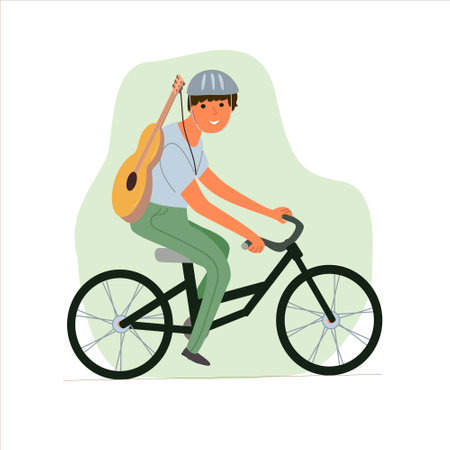 Young man, boy with guitar rides a bicycleのイラスト素材
