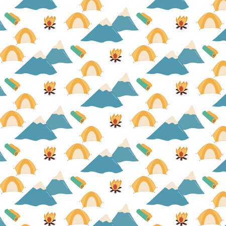 Seamless camping pattern of mountain, tent, fire