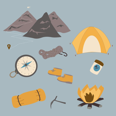a set of elements for hiking in the mountainsのイラスト素材