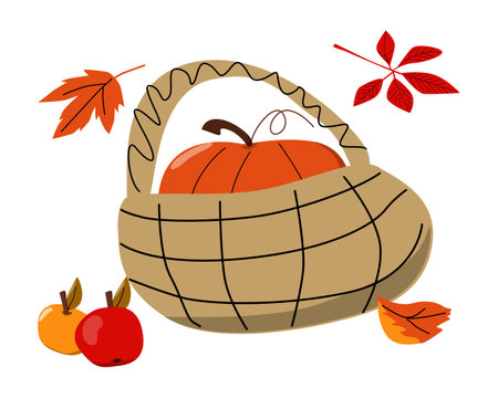 pumpkin in a basket, apples and autumn leavesのイラスト素材