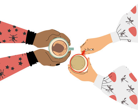 top view: womens hands holding coffeeのイラスト素材