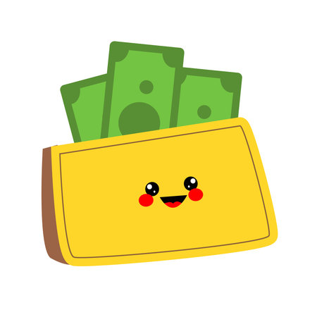 Cartoon Wallet Character with dollars, cute faceのイラスト素材