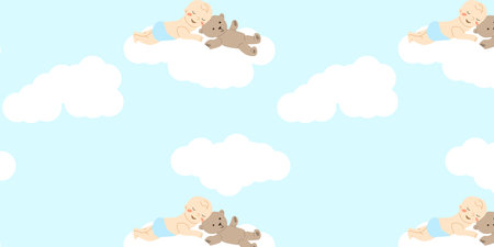 blue background with a boy and a teddy bearのイラスト素材