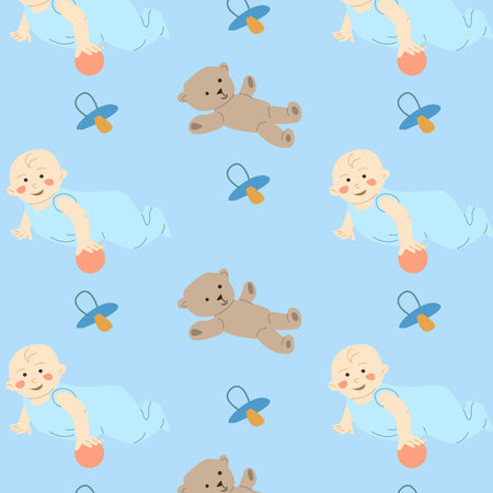 cute cartoon baby boy and teddy - seamless pattern