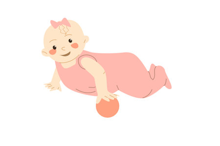 cute baby girl in a pink jumsuit playing with ballのイラスト素材