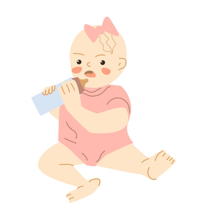 cute baby girl sitting and holding baby bottleのイラスト素材