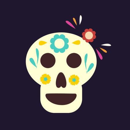 cute sugar skull with flowers on dark backgroundのイラスト素材