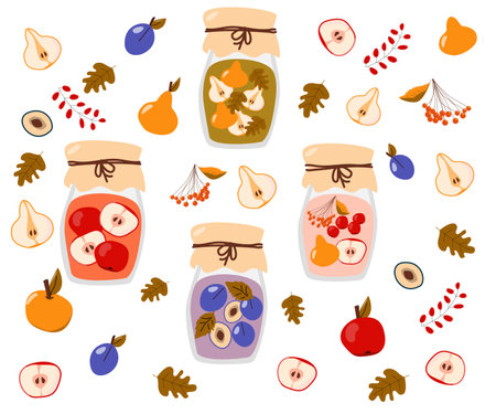 homemade compote - jar with drink from apple, pearのイラスト素材