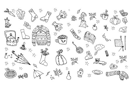 Vector set of doodle outline icons, autumn cozyのイラスト素材