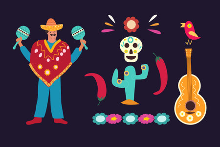 Mexican man in hat, cactus, guitar and maraca.のイラスト素材