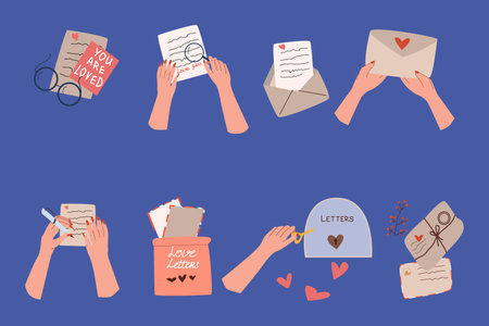 hands holding love letters and envelopes - setのイラスト素材