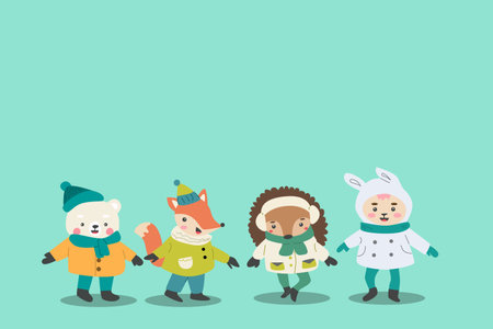winter background with cartoon cute wild animalsのイラスト素材