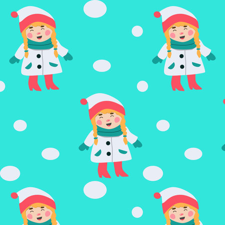 cute cartoon girl and snow seamless backgroundのイラスト素材
