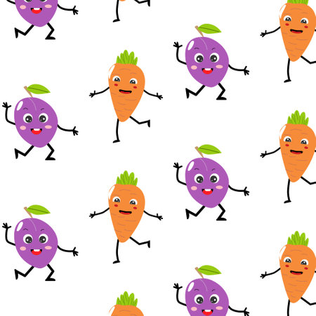 seamless pattern with cute plum and carrotのイラスト素材