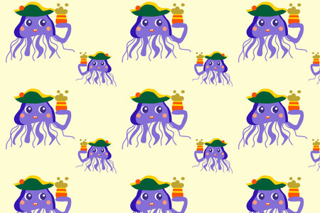 cute fish jellyfish in pirate hat - patternのイラスト素材