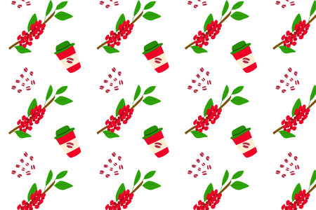 red berry coffee and cup - tropical summer patternのイラスト素材