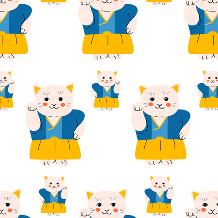 cute fabric pattern with maneki cat in kimonoのイラスト素材
