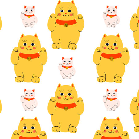 yellow cat maneki and white neko petのイラスト素材