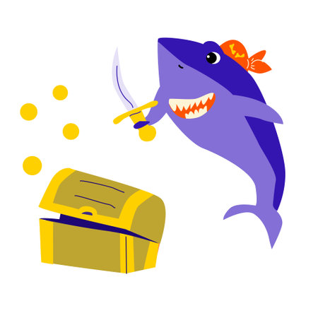 cute blue shark - fish animal pirate with boxのイラスト素材