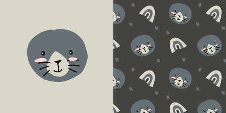 simple portrait of seal with rainbow pattern. Vector illustration can used for baby background, nursery textile, poster. Seal face background in retro scandinavian colors.のイラスト素材