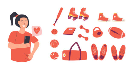 sport fitnes equipment and woman with fitnes mobile app. Vector illustration in flat style. Sport balls, weight, rollers, dumbells. sport shoes, woman holding smartphone with mobille app for fitnes.のイラスト素材