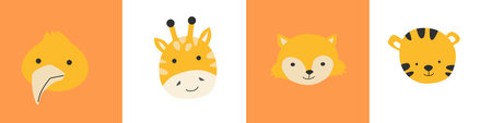 tropical and forest cute simple animal faces backgrounds. Vector illustration with simple...