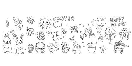 happy easter doodle background, set outline. Vector illustration isolated. Can use for spring banner, web site design, color page. Set of banny, easter egg, butterfly, basket, bird, sun, lettering.のイラスト素材