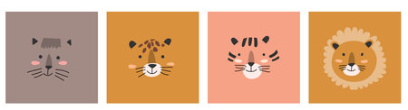 simple portrait of animals, cute face. Lion, tiger, leopard, manul - wild cat vector illustrations. Usable for baby backgrounds.のイラスト素材