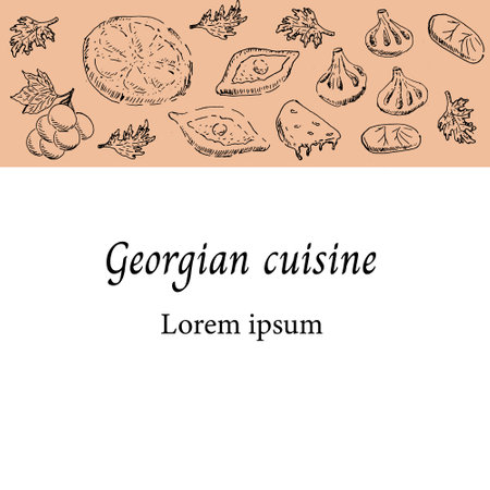 Caucacus vintage food banner in hand drawn style. Vector illustration can use for national cook banner, template for website.のイラスト素材