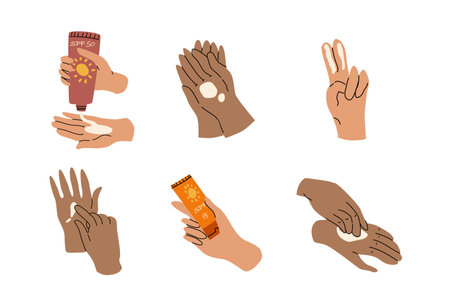 Set of different skin color hands with sun protection cream. Vector illustration isolated, Set included dark skin and bright skin.のイラスト素材