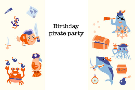 Cartoon pirate birthday party invitation card flyer for kids. Can used for baby celebration banner, background. Sea animals birthday template, sea adventures design.のイラスト素材