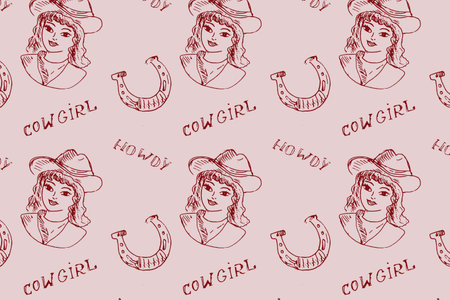 Wild west pattern with cowgirl, horseshoe and lettering. Vector illustration outline on pink background. Retro boho style. Can used for clothes, textile, fabric design. Hand drawn sketch cowgirl.のイラスト素材