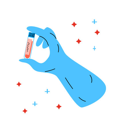 Hand in medical gloves holding blood tube. Vector illustration isolated. Medical background, analysis concept.のイラスト素材