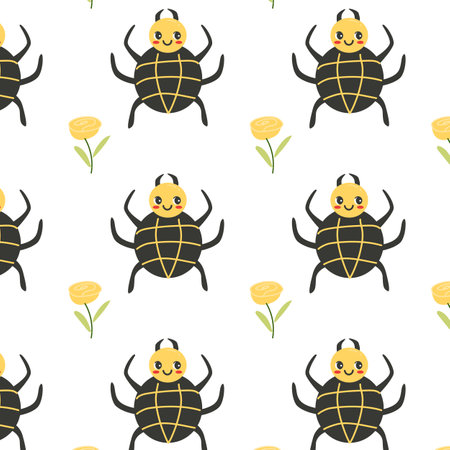 Seamless pattern with cute animals insects spider and flowers. Cartoon animal character with yellow and black colors.のイラスト素材