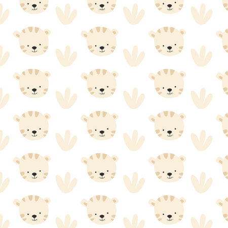 simple portrait white tiger pattern with grass. Vector illustration can used for pastel baby background, textile, nursery girl design for poster, apparel.のイラスト素材