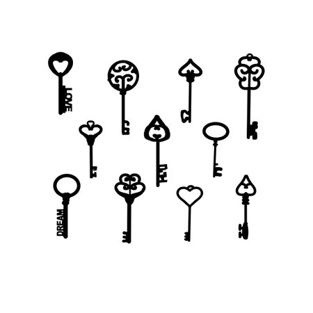 black vintage keys icon collection in silhouette. Vector illustration of antique keys can used for secure logo, success business icon, card.のイラスト素材