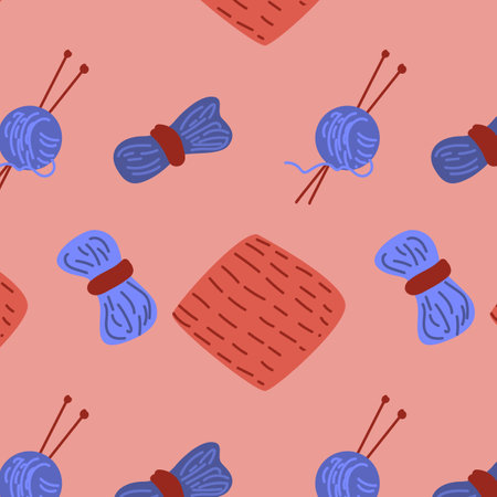 knitting objects of woolen yarn and knitting cloth elements. Vector illustration on red background.のイラスト素材