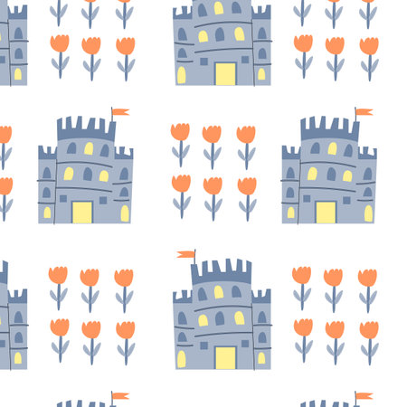 fairy castle and flower geometry pattern. Vector illustration can used for textile, cover design, wrapping paper.のイラスト素材