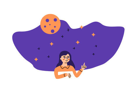 Space education banner with young girl or woman. Woman points to the stars and moon space education banner. Vector illustration isolated.のイラスト素材