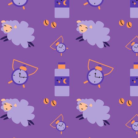 cartoon sheep and alarm, pills for sleep vector background. Vector illustration isolated. Suitable for textile, wrapping paper, poster.のイラスト素材