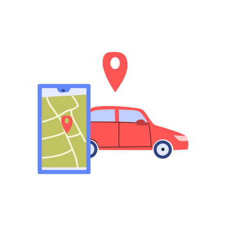 automobile vehicle and mobille app with map and location mark. Can used for car sharing servise, rent automobile concept.のイラスト素材
