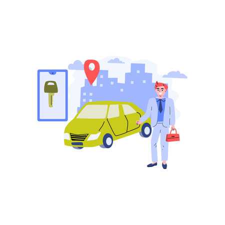 rent car sharing concept, transportation carsharing service . Vector illustration with modern cityscape background. man using mobile app ordering automobile vehicle with electronic key.のイラスト素材