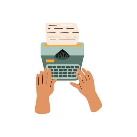 human hand writing on typewrite, author, poetry concept. Vector illustration isolated. Retro vintage style. Can used for world writer. copywriter day banner.のイラスト素材