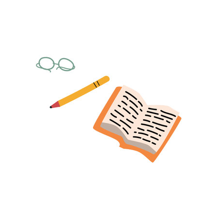 notebook, pen and glasses cartoon icons set. Vector illustration isolated. Retro vintage style. Can used for writing background. cartoon diary, book or notebook.のイラスト素材